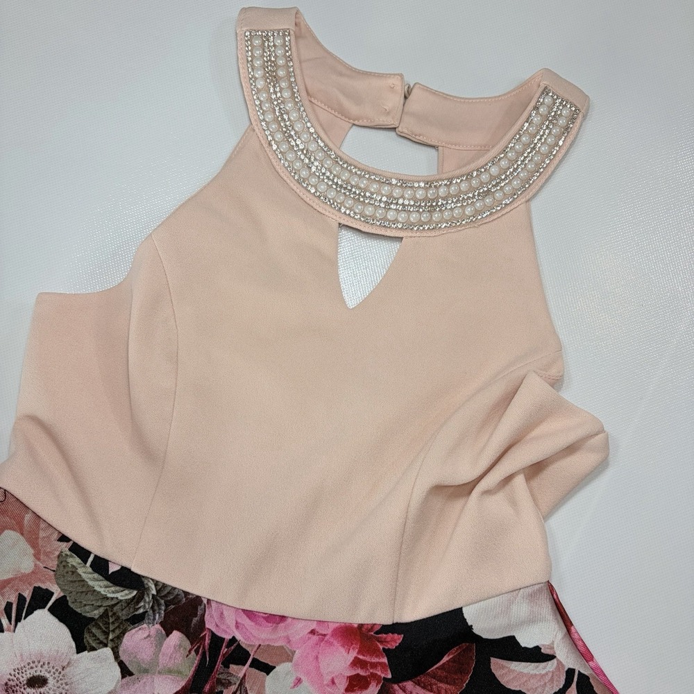 Rare Editions Girls Size 7‎ Floral Dress Pearl Beaded Neck Pink Black Party
